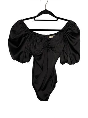 For Love and Lemons Black Satin Puff Sleeve Pixie Bodysuit - XS